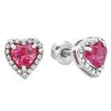 0.75 Carat (ctw) 10K White Gold Heart Shape Pink Tourmaline & Round Diamonds Ladies Halo Stud Earrings