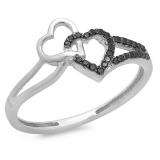 0.15 Carat (ctw) 10k White Gold Round Black Diamond Ladies Promise Double Heart Love Engagement Ring