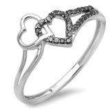 0.15 Carat (ctw) 10k White Gold Round Black Diamond Ladies Promise Double Heart Love Engagement Ring