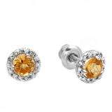 0.35 Carat (ctw) 10k White Gold Round Deep Yellow Citrine & Diamond Halo Stud Earrings