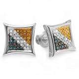 0.15 Carat (ctw) Sterling Silver Blue White & Yellow Round Diamond Micro Pave Setting Kite Shape Stud Earrings