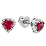 0.60 Carat (ctw) 10K White Gold Heart Shape Deep Pink Tourmaline & Round Diamond Halo Stud Earrings