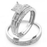 0.20 Carat (ctw) Sterling Silver Round White Diamond Men & Women's Micro Pave Engagement Ring Trio Bridal Set 1/5 CT