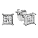 0.10 Carat (ctw) Platinum Plated Sterling Silver Diamond Square Shape Mens Hip Hop Iced Stud Earrings