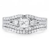 IGI CERTIFIED 1.15 Carat (ctw) 14K White Gold Princess & Round Diamond Ladies Ring Engagement Bridal Wedding Band Set