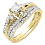 1.00 Carat (ctw) 14k Yellow Gold Princess & Round Diamond Ladies Ring Engagement Bridal Wedding Band Set 1 CT
