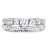 0.85 Carat (ctw) 14k White Gold Round Diamond 3 Stone Ladies Bridal Engagement Ring Wedding Band Set