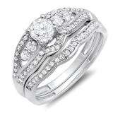 0.90 Carat (ctw) 14k White Gold Round Diamond Ladies Bridal Engagement Ring Set Matching Band