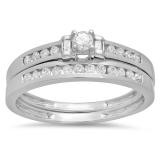 0.40 Carat (ctw) 10k White Gold Round & Baguette Diamond Ladies Bridal Engagement Ring Set