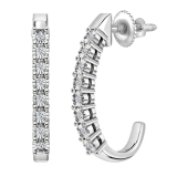 Round White Diamond J Shaped Classic Screw Back Hoop Earrings for Her (0.15 ctw, Color I-J, Clarity I1-I2) in 14K White Gold