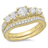 1.50 Carat (ctw) 14K Yellow Gold Round Cut Diamond Ladies 5 Stone Bridal Engagement Ring With Matching Band Set 1 1/2 CT