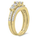 1.50 Carat (ctw) 14K Yellow Gold Round Cut Diamond Ladies 5 Stone Bridal Engagement Ring With Matching Band Set 1 1/2 CT
