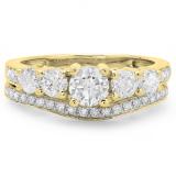 1.50 Carat (ctw) 14K Yellow Gold Round Cut Diamond Ladies 5 Stone Bridal Engagement Ring With Matching Band Set 1 1/2 CT