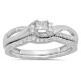 0.40 Carat (ctw) 10k White Gold Princess and Round Diamond Ladies Bridal Swirl Wave Engagement Ring Matching Band Wedding Set