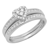 0.55 Carat (ctw) 10k White Gold Round & Princess Diamond Ladies Heart Shaped Bridal Ring Engagement Matching Band Set