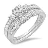 1.15 Carat (ctw) 14k White Gold Round Diamond Ladies 3 Stone Bridal Engagement Ring Set Matching Band