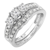 0.70 Carat (ctw) 14k White Gold 3 Stone Ladies Round Diamond Engagement Ring Bridal Matching Band Set