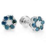 0.40 Carat (ctw) 10K White Gold White & Blue Round Cut Diamond Cluster Flower Stud Earrings