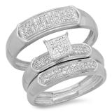 0.33 Carat (ctw) 14K White Gold Round White Diamond Men & Womens Micro Pave Engagement Ring Trio Bridal Set 1/3 CT