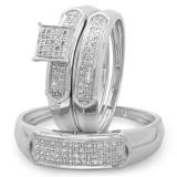 0.33 Carat (ctw) 14K White Gold Round White Diamond Men & Womens Micro Pave Engagement Ring Trio Bridal Set 1/3 CT