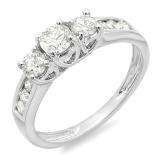 0.90 Carat (ctw) 10k White Gold Round Cut Diamond Ladies 3 Stone Engagement Bridal Ring