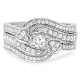 0.75 Carat (ctw) 10K White Gold Round Diamond Ladies Bridal Engagement Ring With Two Wedding Bands 3 Piece Set 3/4 CT