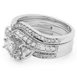 0.75 Carat (ctw) 10K White Gold Round Diamond Ladies Bridal Engagement Ring With Two Wedding Bands 3 Piece Set 3/4 CT