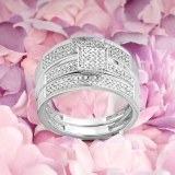 Round White Diamond Micro Pave Wedding Trio Ring Set for Him & Her (0.55 ctw, Color I-J, Clarity I2-I3) in 10K White Gold