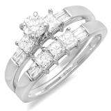 1.00 Carat (ctw) 14k White Gold Round Princess & Baguette Cut Diamond Ladies Bridal Engagement Ring Set 1 CT