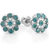 1.25 Carat (ctw) 14K White Gold Round White & Blue Diamond Fancy Shaped Cluster Earrings