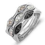 0.25 Carat (ctw) Designer Sterling Silver Black White and Champagne Round Real Diamond Wedding Anniversary Stackable 3 pcs Band 1/4 CT