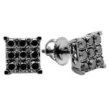 0.90 Carat (ctw) 18k White Gold Round Black Diamond Square Shaped Stud Earrings