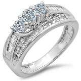 1.15 Carat (ctw) 14k White Gold Round & Baguette Diamond 3 Stone Ladies Bridal Engagement Ring