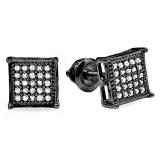 0.15 Carat (ctw) Black Rhodium Plated Sterling Silver Real Diamond Square Mens Hip Hop Iced Stud Earrings