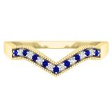 0.12 Carat (ctw) 10K Yellow Gold Round Blue Sapphire & White Diamond Wedding Stackable Band Anniversary Guard Chevron Ring
