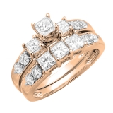 DGLA CERTIFIED Princess & Round White Diamond 3 Stone Wedding Ring Set for Women (2 ctw Color I-J Clarity I1-I2) in 18K Rose Gold