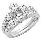 3.00 Carat (ctw) 10k White Gold Round White Cubic Zirconia Ladies 3 Stone Bridal Engagement Ring Matching Band Set 3 CT