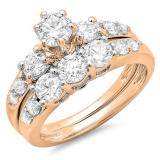 1.80 Carat (ctw) 14k Rose Gold Round Diamond Ladies 3 Stone Bridal Engagement Ring Matching Band Set