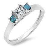0.45 Carat (ctw) 10K White Gold Princess Blue & White Diamond Ladies Bridal 3 Stone Engagement Ring 1/2 CT