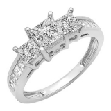 2.00 Carat (ctw) Princess & Round White Diamond Ladies Bridal 3 Stone Engagement Ring 2 CT 14K White Gold