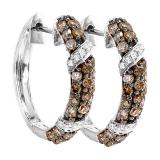 0.85 Carat (ctw) Round White & Champagne Diamond Ladies Hoop Earrings 18K White Gold
