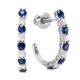 0.50 Carat (ctw) 10K White Gold Round White Diamonds & Blue Sapphire Ladies Fancy J Shaped Hoop Earrings 1/2 CT