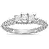0.85 Carat (ctw) 14k White Gold Princess & Round Diamond Ladies 3 Stone Bridal Engagement Ring