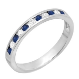 0.45 Carat (ctw) 10k White Gold Round White Diamond & Blue Sapphire Ladies Anniversary Wedding Stackable Ring Band 1/2 CT