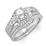 1.00 Carat (ctw) 14k White Gold Round & Baguette Diamond Ladies Halo Style Bridal Engagement Ring Matching Band Set 1 CT