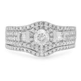 1.00 Carat (ctw) 14k White Gold Round & Baguette Diamond Ladies Halo Style Bridal Engagement Ring Matching Band Set 1 CT