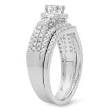 1.00 Carat (ctw) 14k White Gold Round & Baguette Diamond Ladies Halo Style Bridal Engagement Ring Matching Band Set 1 CT
