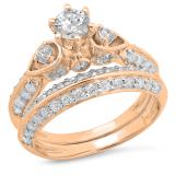 1.50 Carat (ctw) 10K Rose Gold Round Diamond Ladies 3 Stone Bridal Engagement Ring Set 1 1/2 CT