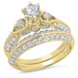 1.50 Carat (ctw) 18K Yellow Gold Round Diamond Ladies 3 Stone Bridal Engagement Ring Set 1 1/2 CT