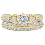 1.50 Carat (ctw) 18K Yellow Gold Round Diamond Ladies 3 Stone Bridal Engagement Ring Set 1 1/2 CT